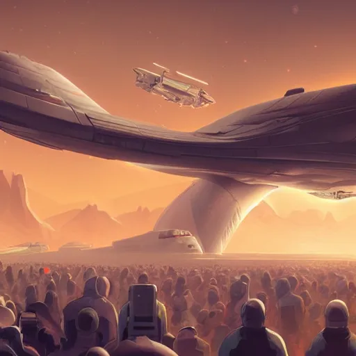 Image similar to thousands of people next to a big spaceship, artstation