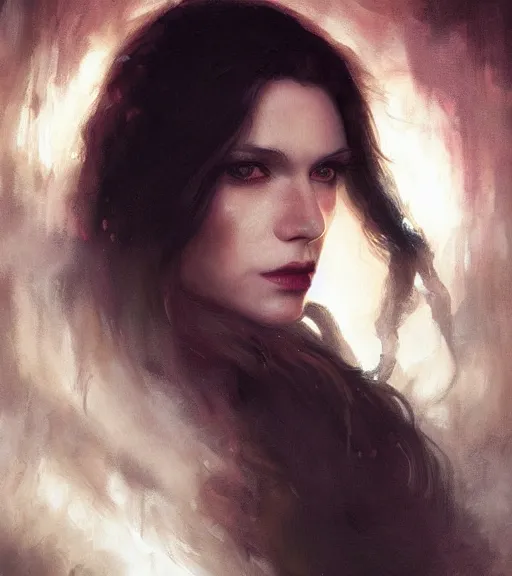 Image similar to majestic gracious!! regal aristocratic!! brunette female vampire portrait, atmospheric lighting, painted, menacing, intricate, volumetric lighting, beautiful, rich deep colours masterpiece, golden hour, sharp focus, ultra detailed, by leesha hannigan, ross tran, thierry doizon, kai carpenter, ignacio fernandez rios