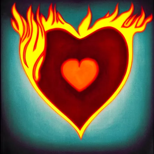 Image similar to cartoon heart on fire, burning, flames, symmetrical, washed out color, centered, art deco, 1 9 5 0's futuristic, glowing highlights, peaceful