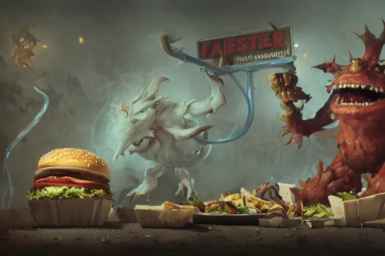 Image similar to fast food monster by jean - baptiste monge, high quality, high resolution, 4 k, painted by cgsociety, rutkowski, gurney with ambient lighting, concept art, detailed, smooth, dynamic volumetric cinematic lighting, octane, raytrace