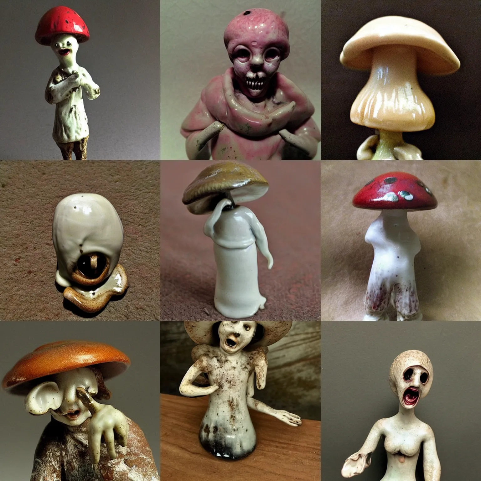 Prompt: screaming mushroom!!! antique ceramic figurine, nightmare haunted cursed image, eerie horror, unsettling disturbing creepy macro photo, bad quality