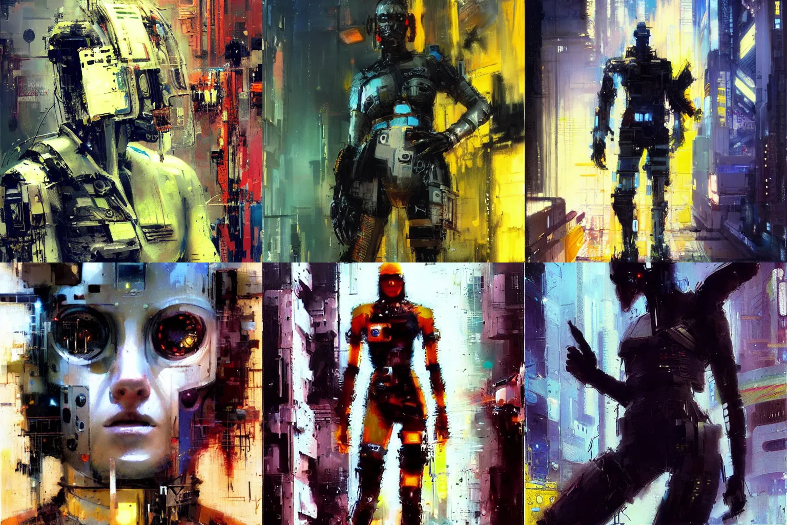 Prompt: cyberpunk android by John Berkey, by Guy Denning, tilted camera