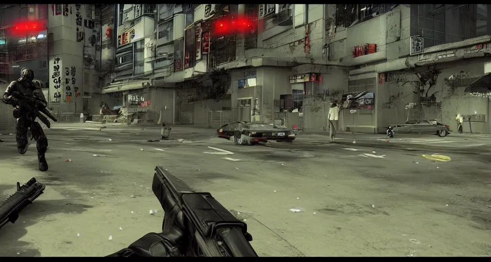 Image similar to 1989 Video Game Screenshot of Neo-tokyo Cyborg bank robbers vs police FPS, Set in Tokyo Bank Parking Lot, Dark, Multiplayer set-piece Ambush, Tactical Squads :10, Police officers under heavy fire, Suppressive fire, Pinned down, Destructible Environments, Gunshots, Headshot, Bullet Holes and Anime Blood Splatter, :10 Gas Grenades, Riot Shields, MP5, AK47, MP7, P90, Chaos, Anime Machine Gun Fire, Gunplay, Shootout, :14 Akira art style :17, Created by miHoYo: 20