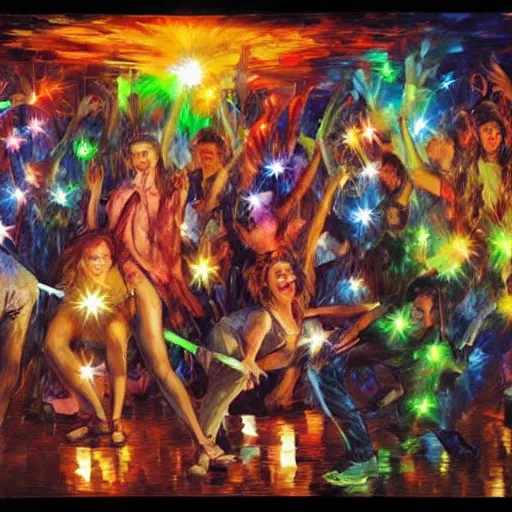 Image similar to rave dance party in the dark with glow sticks by arthur adams, charlie bowater, leonid afremov, chiho ashima, karol bak, david bates, tom chambers