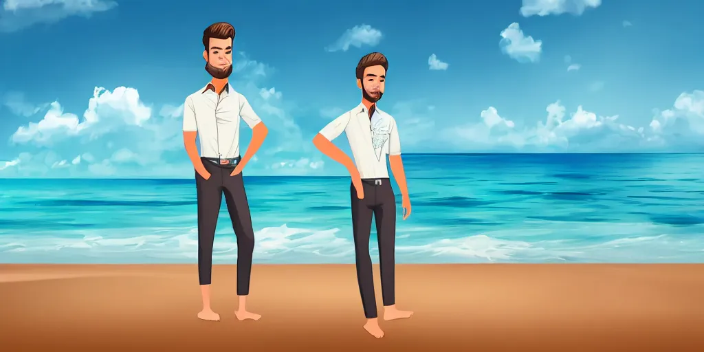 Image similar to a handsome guy is standing tall, in a beautiful shirt, with the beach, sea, sun, rays in the background? super detail, one character