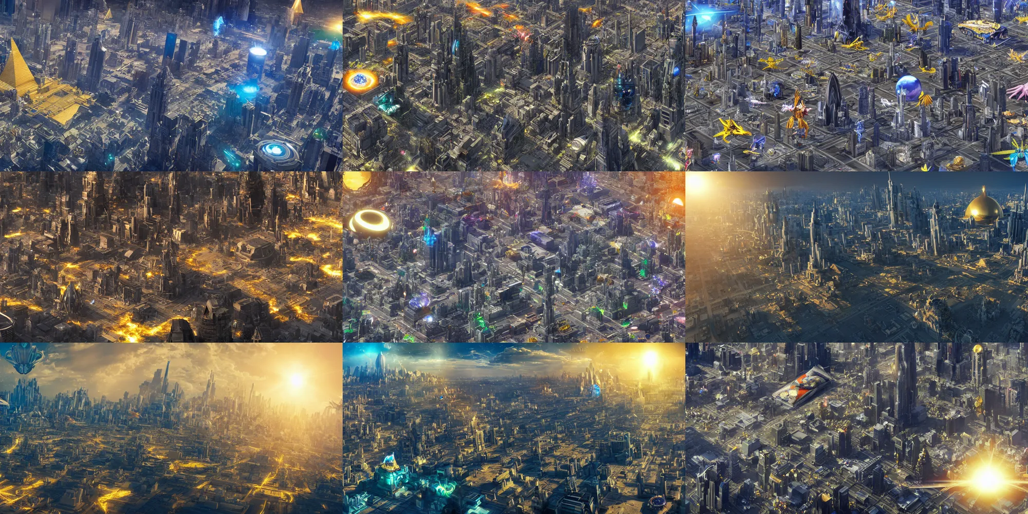 Prompt: super wide view of a cityscape, flying spaceships and mech dragons and police drones, so many citizens, golden pyramids, super big throne in the center with portal to the another dimensions, fractal buildings, glass rain, falling sun, global illumination, ambient occlusion, by eric pfeiffer and casper konefal and sung choi