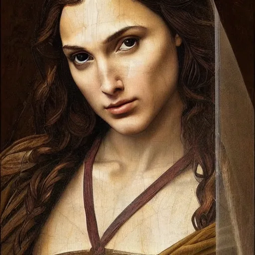 Image similar to a striking hyper real painting of Gal Gadot by da Vinci.