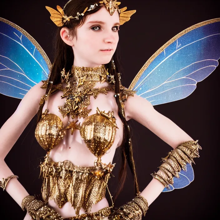 Image similar to photograph of a real - life beautiful fairy with bejewelled armour. extremely detailed. 8 k