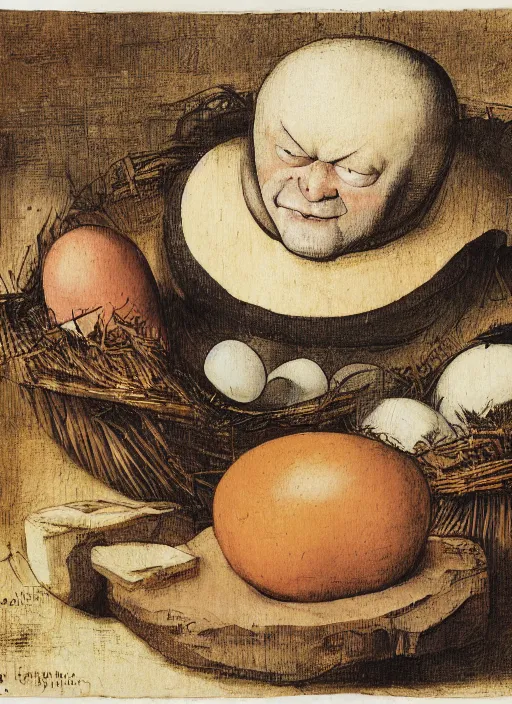 Image similar to carton of gregs'eggs with silly round humpty dumpty jack black facial expressions, realistic, by hieronymus bosch and pieter brueghel