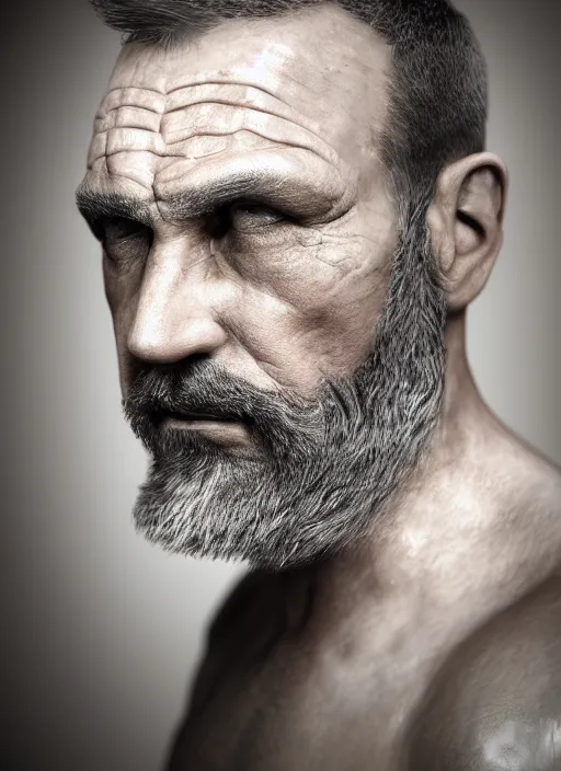 Image similar to a portrait picture of a rough looking middle - aged man, crew cut, brown hair, rugged good looks, serious face, stubble beard, scar on the cheek, highly detailed, digital art, realistic, 4 k, studio lighting, trending on artstation