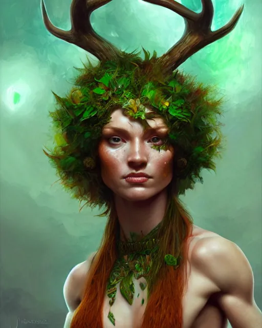 Prompt: muscular female druid, perfect face, thin antlers, green halter top, ginger hair, abs, cinematic, freckles, stunning, athletic, strong, agile, highly detailed, psychedelic, digital painting, artstation, smooth, hard focus, illustration, art by jessica rossier and and brian froud