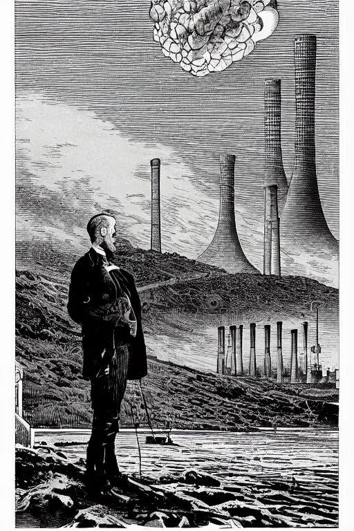 Image similar to 19th century wood-engraving of a man looking at a nuclear powerplant in the background, whole page illustration from Jules Verne book, art by Édouard Riou Jules Férat and Henri de Montaut, high quality, beautiful, removed watermarks