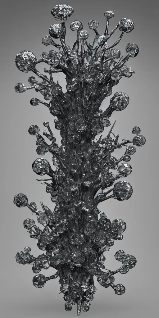 Image similar to 3 d render of a carved shibary crystal infected by mushroom, sculpture, with thorns, raytraced, volumetric lightning, 8 k, by zhelong xu, ouchh, erst haeckel