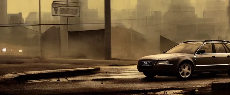 Image similar to Audi A4 B6 Avant (2002), a gritty neo-noir, dramatic lighting, cinematic, eerie person, death, homicide, homicide in the snow, viscera splattered, gunshots, bullet holes, establishing shot, extremely high detail, photorealistic, fire, arson, cinematic lighting, artstation, by simon stalenhag, Max Payne (PC) (2001) winter New York at night, In the style of Max Payne 1 graphic novel, flashing lights, Poets of the Fall - Late Goodbye