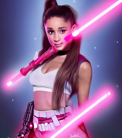 Image similar to A hyper realistic photo of Ariana Grande in the Star Wars universe with two pink lightsabers held in each hand. Maximum detail on artstation, photo realism