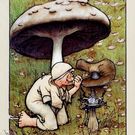 Prompt: lonely mushroom makes a friend, george kamitani, norman rockwell, dean cornwell, storybook illustration, arthur rackham, Artstation, Hyperdetailed, stylized, cel shading