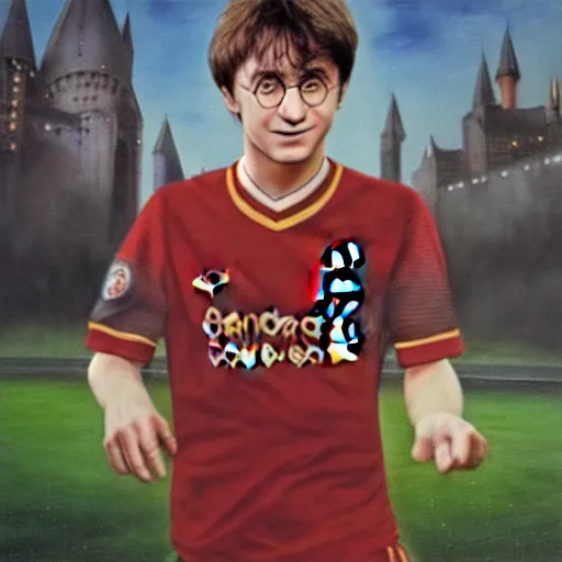 Image similar to portrait of harry potter wearing a liverpool jersey, highly detailed, masterpiece painting, 4 k,