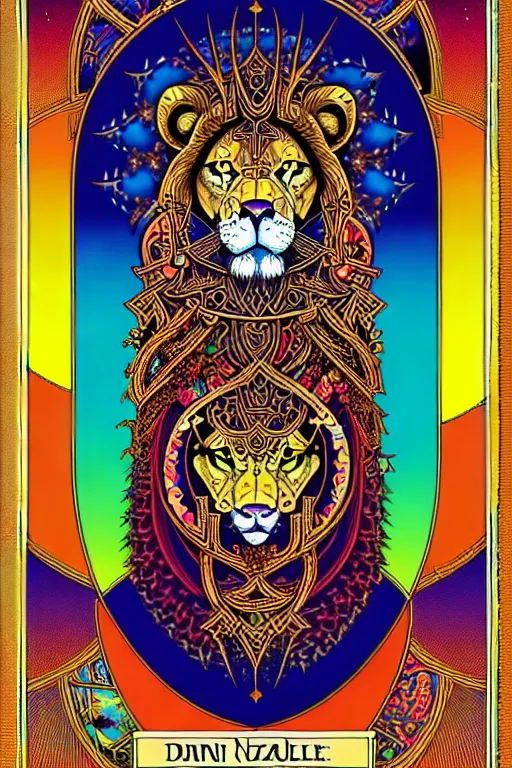 Image similar to beautiful and colorful fractal tarot card featuring an ornate, realistic, and regal viking lion by Dan Mumford, by Jim Fitzpatrick, by joe wilson, featured on deviant art, trending on artstation