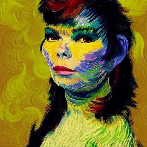 Image similar to very very very detailed and colorful portrait of bjork, painted by van gogh, beautiful