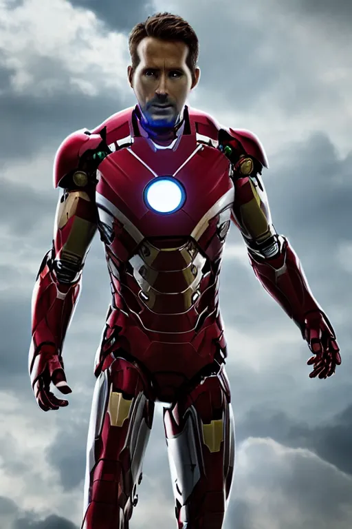 Image similar to ryan reynolds in a silver and black nano technology iron man suit, cinematic, volumetric lighting, f 8 aperture, cinematic eastman 5 3 8 4 film, photorealistic