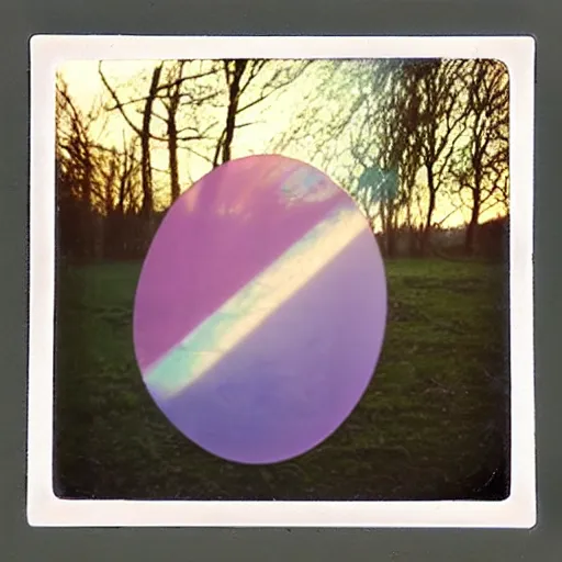 Image similar to a pastel coloured Polaroid photo of a sun shade made of transparent iridescent perspex stood in a field, beams of light, nostalgic