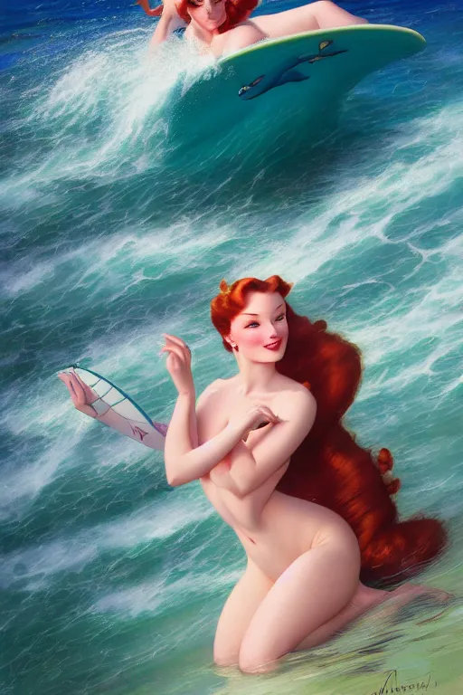 Image similar to sophie turner as the little mermaid surfing the waves by Gil Elvgren Stanley Artgerm Lau, WLOP, James Jean, Andrei Riabovitchev, Marc Simonetti, Yoshitaka Amano, ArtStation, CGSociety, cinematic lighting, god ray, starlit shining eyes, art nouveau