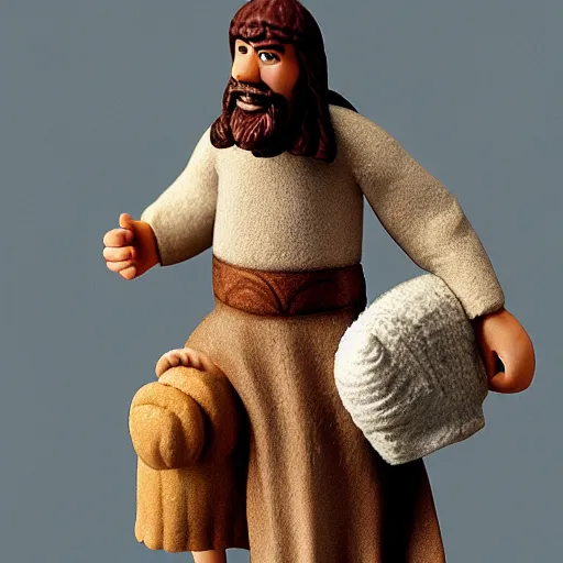 Prompt: jesus, first century man, hebrew clothes, carrying sheep on shoulder, very detailed, realistic, pixar, rim - light