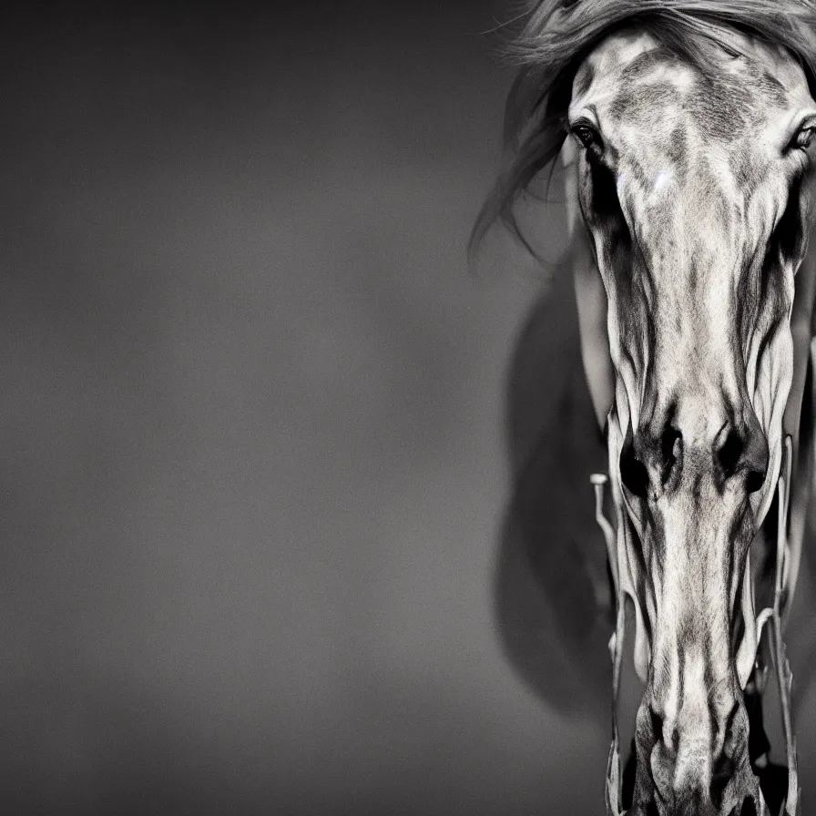 Image similar to skeleton of a horse in a dark veil, dark and mysterious, stopped in time, atmospheric, ominous, eerie, cinematic, epic, 8 k, 4 k, ultra detail, ultra realistic