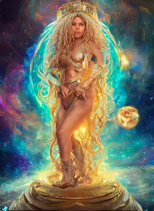 Image similar to cosmic portrait of shakira as queen of the universe, hyper detailed, digital art, cinematic lighting, studio quality, smooth render, unreal engine 5, octane rendered, art style by klimt and nixeu and ian sprigger and wlop and krenz cushart.