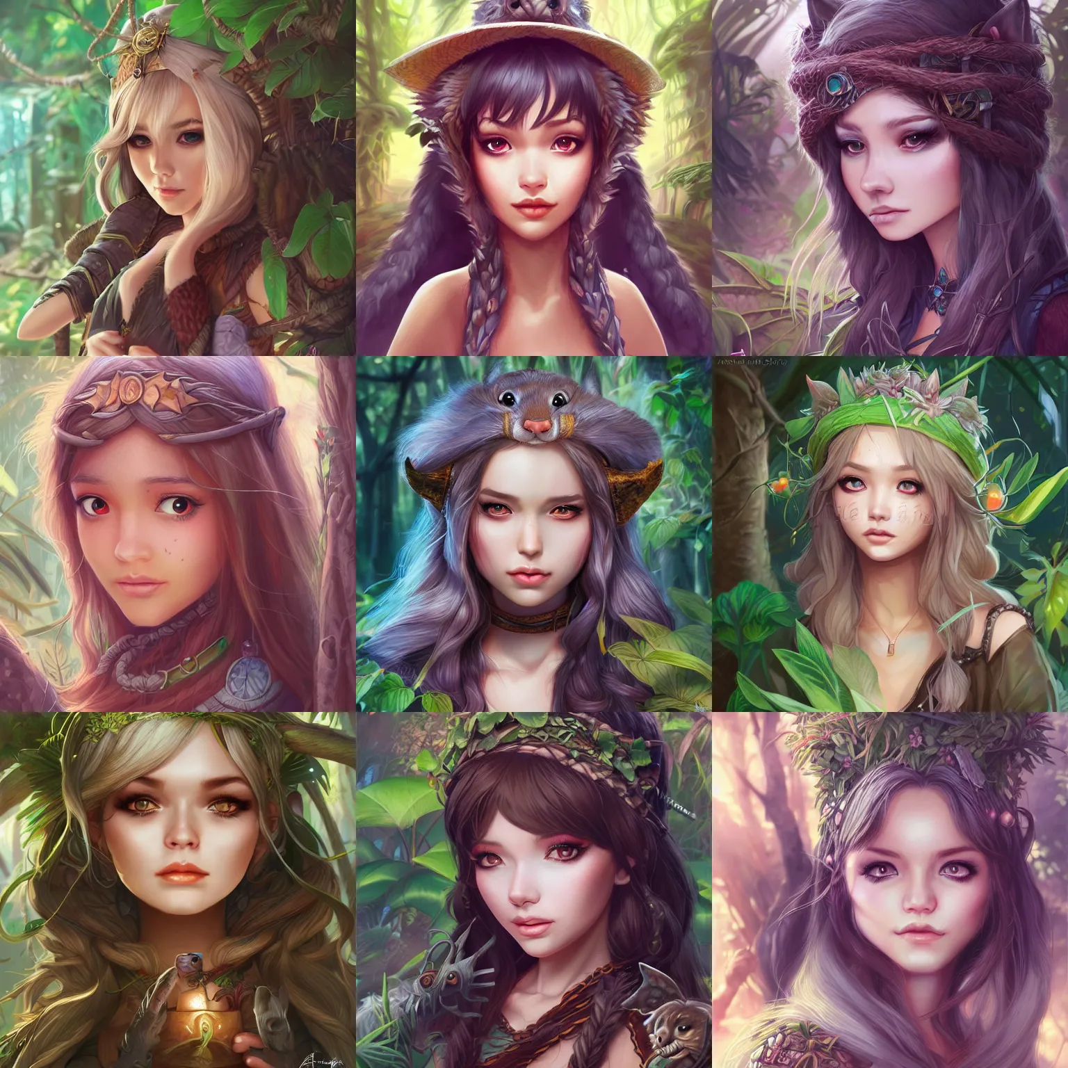 Prompt: portrait of cute wizard girl, in the jungle, ferret motif clothing, high fantasy, dnd, face details, extremely detailed, smooth, sharp focus, digital illustration, by artgerm, rossdraws, sakimichan
