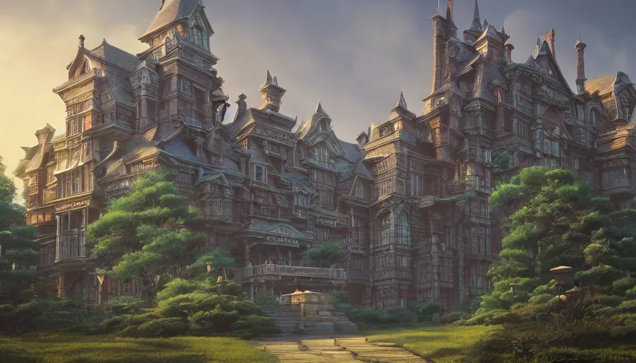 Prompt: A highly detailed matte painting of the huge haunted mansion at the top of the hill, by Studio Ghibli, Makoto Shinkai, by Artgerm, by WLOP, by Greg Rutkowski, volumetric lighting, octane render, 4K resolution, trending on artstation, masterpiece