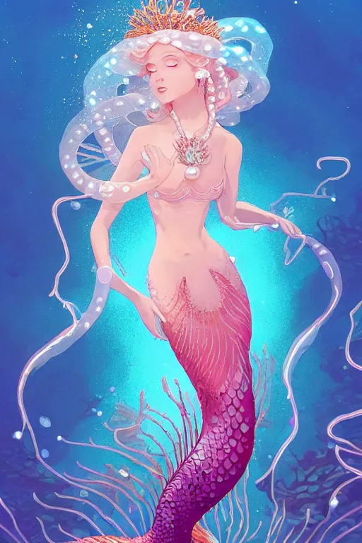 Prompt: a beautiful mermaid queen of the ocean in the middle of coral reefs, pearl and crystal jewelry, complex and shiny dress inspired by jellyfish, by ross tran and atey ghailan, by greg rutkowski, by greg tocchini, by james gilleard, by joe fenton, by kaethe butcher, dynamic lighting, grunge aesthetic