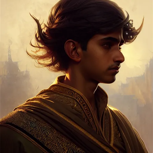 Image similar to illustration of a saudi arabian boy, d & d, fantasy, intricate, elegant, highly detailed, digital painting, artstation, concept art, smooth, sharp focus, illustration, art by artgerm and greg rutkowski and alphonse mucha