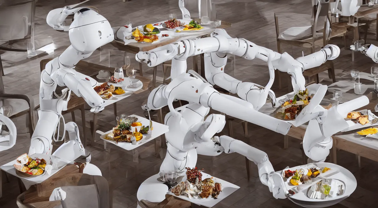 Image similar to three large white glossy kuka industrial robot arms on the floor around a dinner table, the kuka industrial robot arms are wearing bow ties, the table is full of food, they are having dinner inside a fine dining restaurant with mid century modern furniture and decor, global illumination, artstation, fantasy