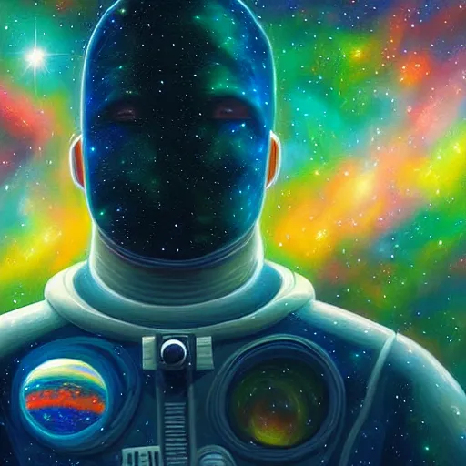 Prompt: astronaut standing infront of a nebula, illustration painting, oil on canvas, intricate, portrait, detailed illustration, hd, digital art, overdetailed art, concept art, complementing colors, detailed, illustration painting by alex gray, digital art, overdetailed art, concept art, complementing colors rendered by beeple, syd meade