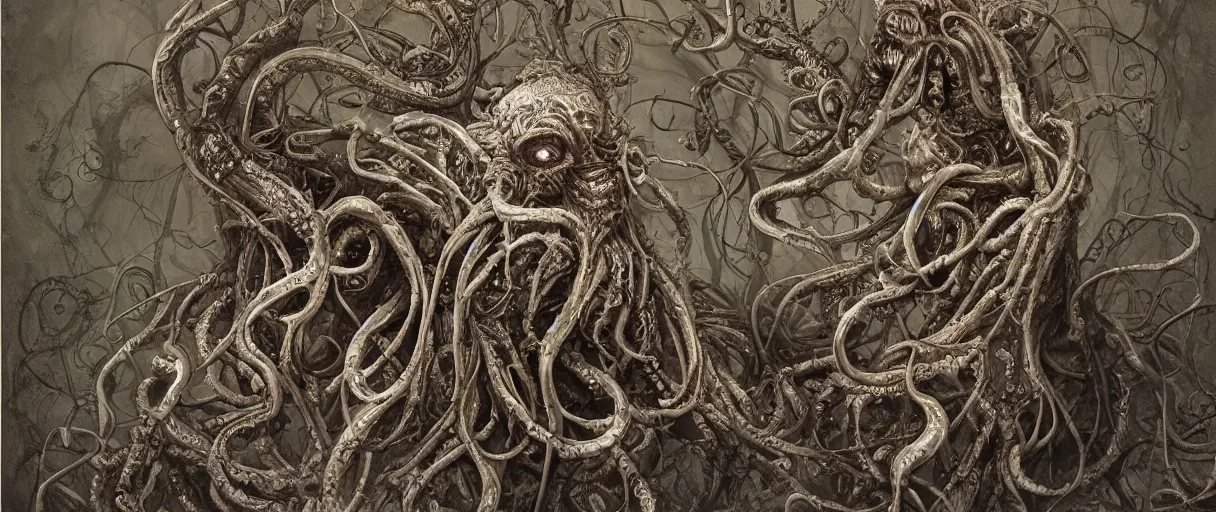 Prompt: centered horrifying detailed portrait of a insane, crazed, mad old man as cthulhu, eldritch abomination, dunwitch horror, lovecraft bleeding ornate tentacles growing around, ornamentation, thorns, vines, tentacles, elegant, beautifully soft lit, full frame, 8 k by wayne barlowe, peter mohrbacher, kelly mckernan, h r giger