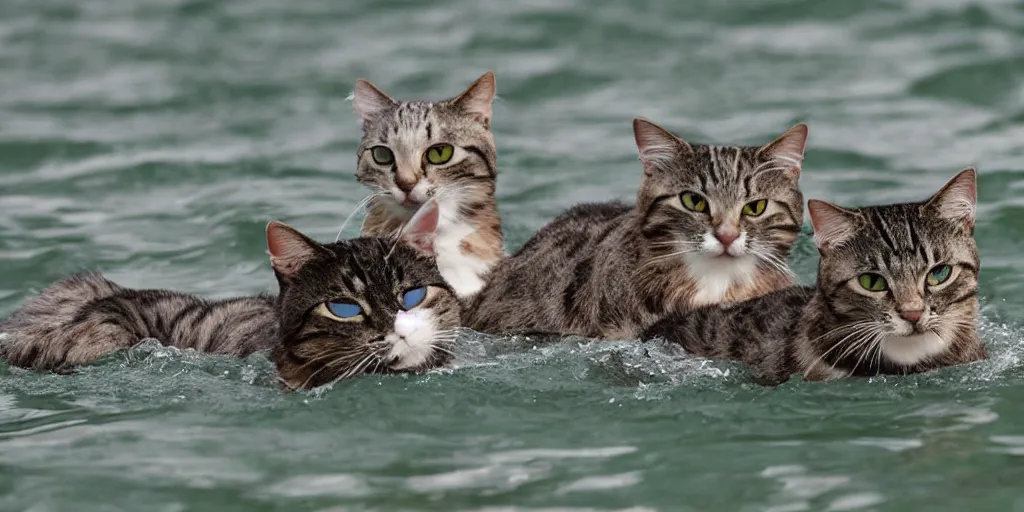 Prompt: cats swimming in the beira lake of colombo sri lanka, in the style of Akira Toriyama