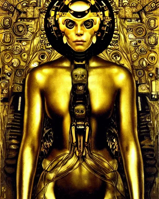 Image similar to Golden Portrait of a Cyborg from Ghost in the shell by Gustav Klimt and HR Giger, cyberpunk noir, baroque elements, intricate artwork by caravaggio, aesthetic, intricate, highly detailed, masterpiece
