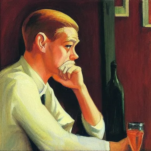 Prompt: a blonde man at a bar, edward hopper,