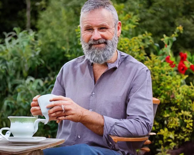 Prompt: mr robert is drinking fresh tea in a garden from spiral mug, detailed calm face, grey short beard, golden hour, red elegant shirt