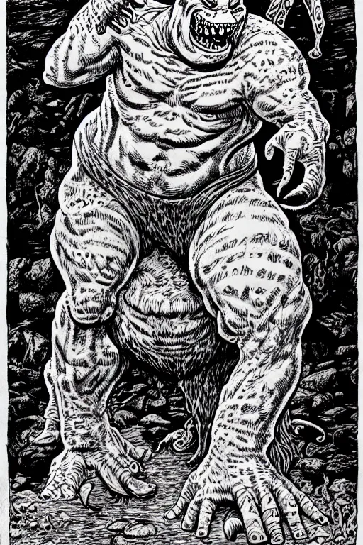 Image similar to slimer as a d & d monster, full body, pen - and - ink illustration, etching, by russ nicholson, david a trampier, larry elmore, 1 9 8 1, hq scan, intricate details, inside stylized border