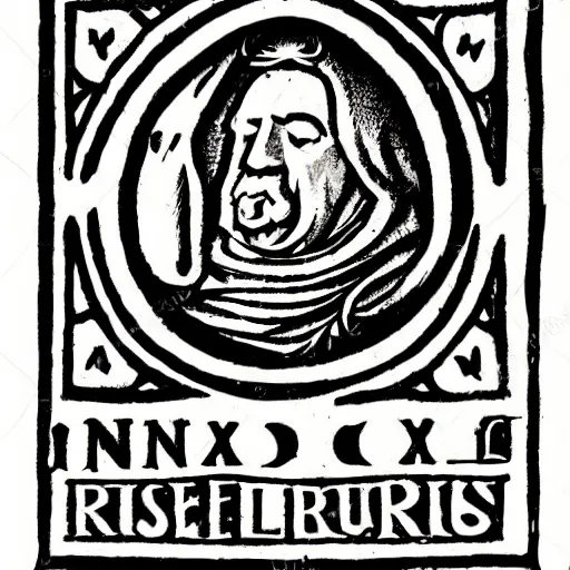 Image similar to medieval character ex libris in medieval style, ink outline on white paper, exlibris, rubber stamp