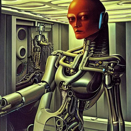 Image similar to a female with robotic interior, cyborg, by clyde caldwell, james c. christensen, h. r. giger, george tooker