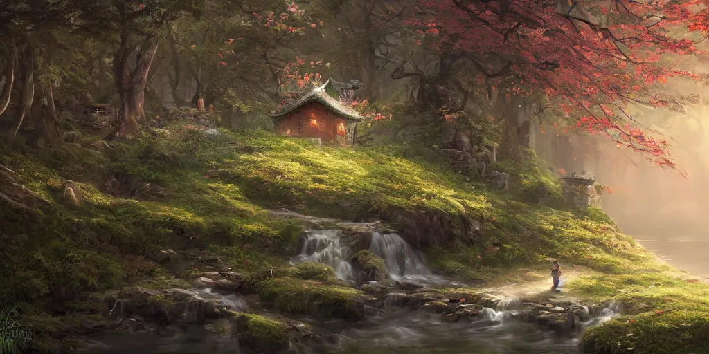 Prompt: woods on the mountain in spring with small stream and small house, warm atmosphere, ilustration, fairy tales, chinese mythology elements, characterized by roman shipunov, etienne hebinger, atey ghailan, cgsociety, fantasy art, 2 d game art
