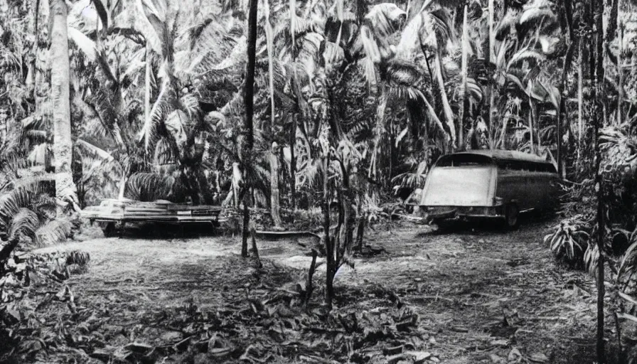 Prompt: lost film footage of a sacred ready - made object in the middle of the ( ( ( ( ( ( ( ( ( tropical jungle ) ) ) ) ) ) ) ) ) / film still / cinematic / enhanced / 1 9 0 0 s / black and white / grain