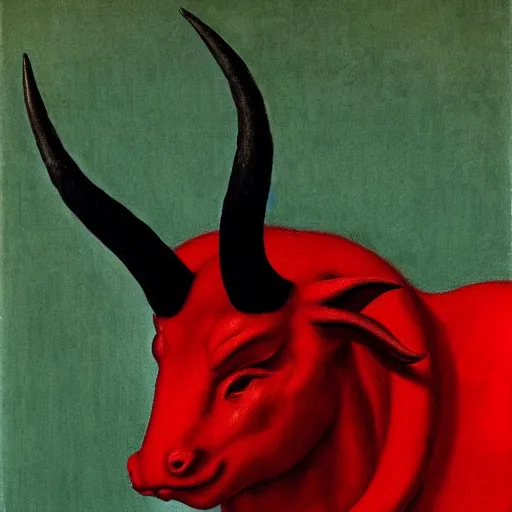 Prompt: a red and evil satan with horns and hooves by Raphael, Hopper, and Rene Magritte. detailed, romantic, enchanting, trending on artstation.
