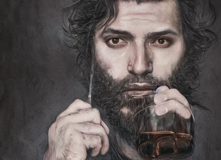 Image similar to close-up portrait, a handsome Frenchman with beard and long black hair toasting with the devil drinking whiskey, watercolor, dramatic lighting, cinematic, establishing shot, extremely high detail, foto realistic, cinematic lighting, digital art, vector, by Yoshitaka Amano, Ruan Jia, Kentaro Miura, Artgerm, post processed, concept art, artstation, matte painting, style by eddie mendoza, raphael lacoste, alex ross