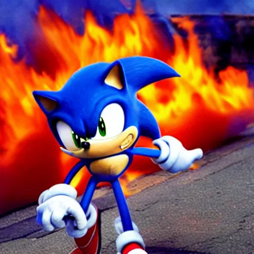 prompthunt: Sonic the hedgehog with a flamethrower, award winning