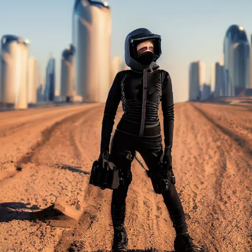 Image similar to photograph of a techwear woman, closeup, on a desert road with a futuristic city in the horizon, sigma 85mm f/1.4, 4k, depth of field, high resolution, 4k, 8k, hd, full color