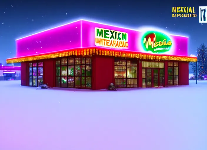 Prompt: realistic exterior photo of a mexican restaurant, vaporwave, in a flat snowy field. 35mm. Very detailed 8k. Sharp. Cinematic post-processing. Unreal engine. Nanite. Ray tracing. Parallax. Tessellation